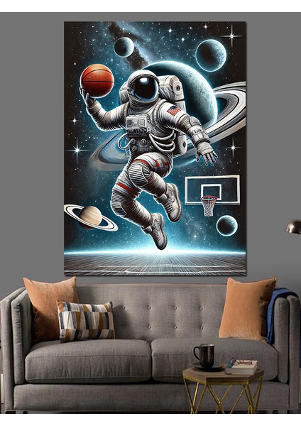 Basketbol ve Astronot Dekoratif Kanvas - Mdf Ahşap Tablo