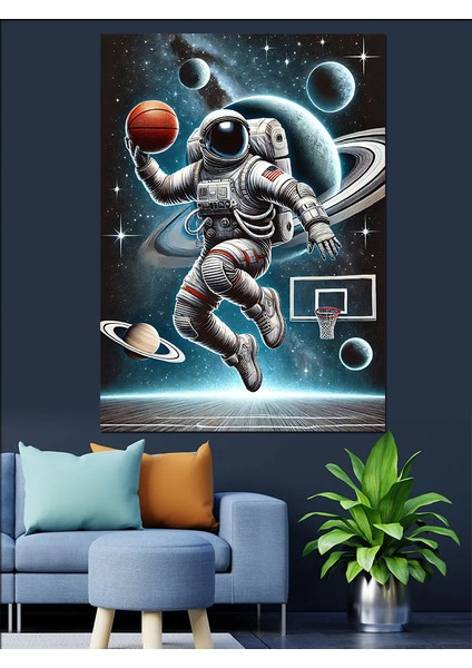 Basketbol ve Astronot Dekoratif Kanvas - Mdf Ahşap Tablo