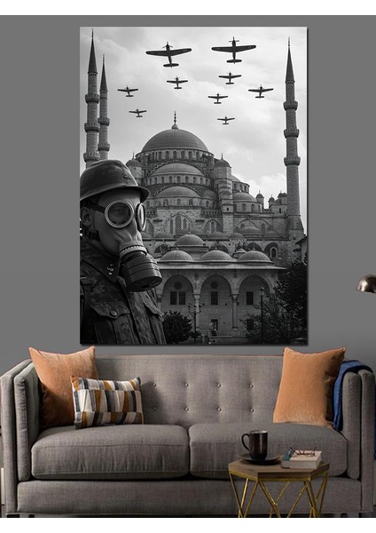 Savaş Uçakları ve Camii Dekoratif Kanvas - Mdf Ahşap Tablo