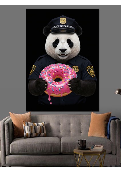 Polis Panda ve Donut Dekoratif Kanvas - Mdf Ahşap Tablo