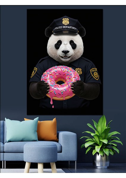 Polis Panda ve Donut Dekoratif Kanvas - Mdf Ahşap Tablo
