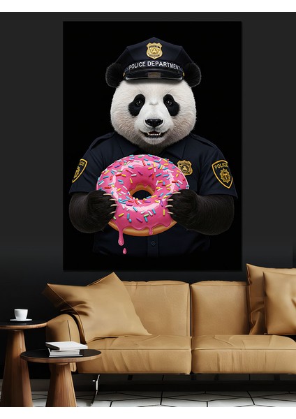 Polis Panda ve Donut Dekoratif Kanvas - Mdf Ahşap Tablo