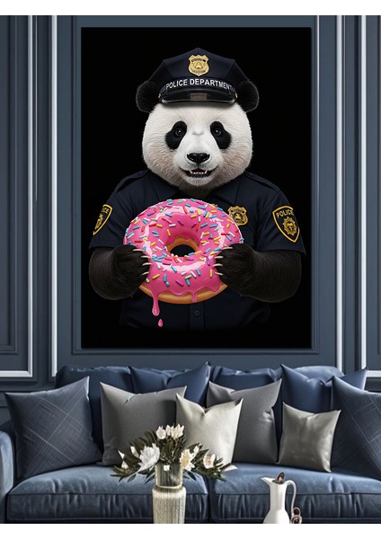 Polis Panda ve Donut Dekoratif Kanvas - Mdf Ahşap Tablo