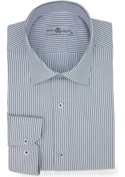 Beyaz Lacivert Çizgili Comfort Fit Uzun Kollu Erkek Gömlek