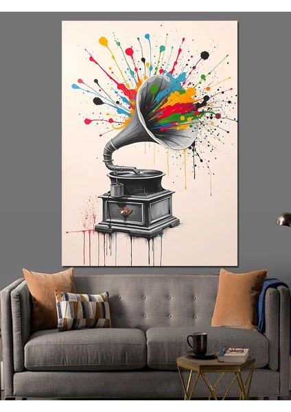 Renk Saçan Gramofon Dekoratif Kanvas - Mdf Ahşap Tablo