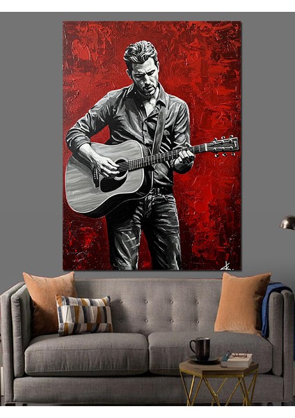 Kırmızı Fonlu Gitarist Dekoratif Kanvas - Mdf Ahşap Tablo