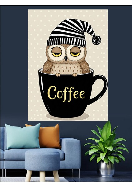 Kahve Fincanı ve Baykuş Dekoratif Kanvas - Mdf Ahşap Tablo