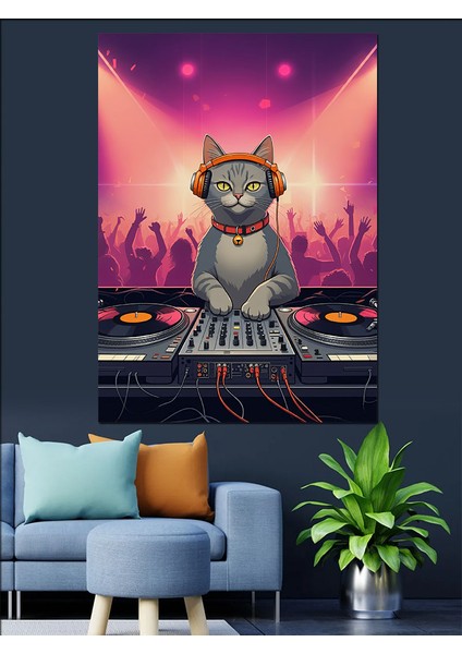 Dj Kedi Dekoratif Kanvas - Mdf Ahşap Tablo