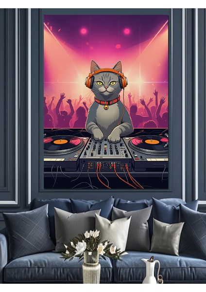Dj Kedi Dekoratif Kanvas - Mdf Ahşap Tablo