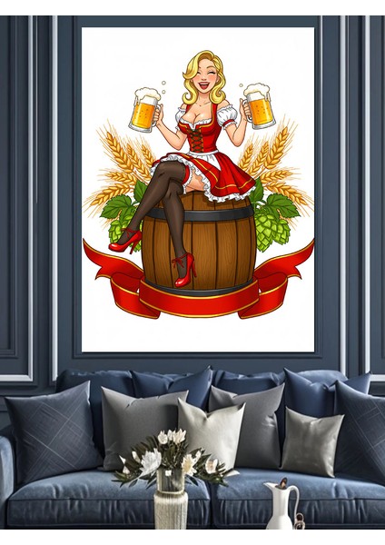 Bira ve Fıçı Kadın Dekoratif Kanvas - Mdf Ahşap Tablo