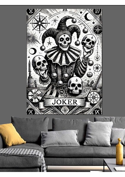 Kafatası Joker Çizimi Dekoratif Kanvas - Mdf Ahşap Tablo