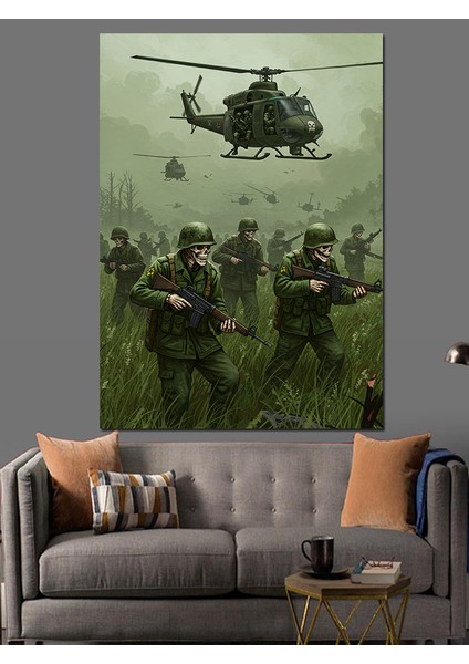 Iskelet Askerler ve Helikopterler Dekoratif Kanvas - Mdf Ahşap Tablo