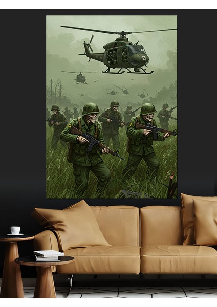 Iskelet Askerler ve Helikopterler Dekoratif Kanvas - Mdf Ahşap Tablo