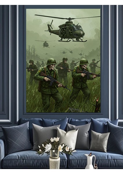 Iskelet Askerler ve Helikopterler Dekoratif Kanvas - Mdf Ahşap Tablo