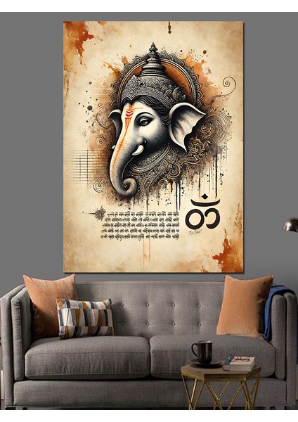 Ganesh ve Sanskrit Yazıları Dekoratif Kanvas - Mdf Ahşap Tablo