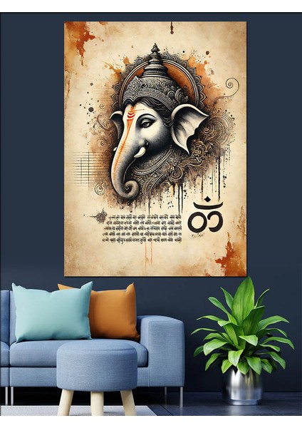 Ganesh ve Sanskrit Yazıları Dekoratif Kanvas - Mdf Ahşap Tablo