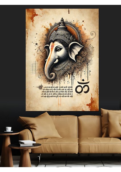 Ganesh ve Sanskrit Yazıları Dekoratif Kanvas - Mdf Ahşap Tablo