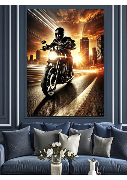 Gece Yarısı Motorcu Dekoratif Kanvas - Mdf Ahşap Tablo