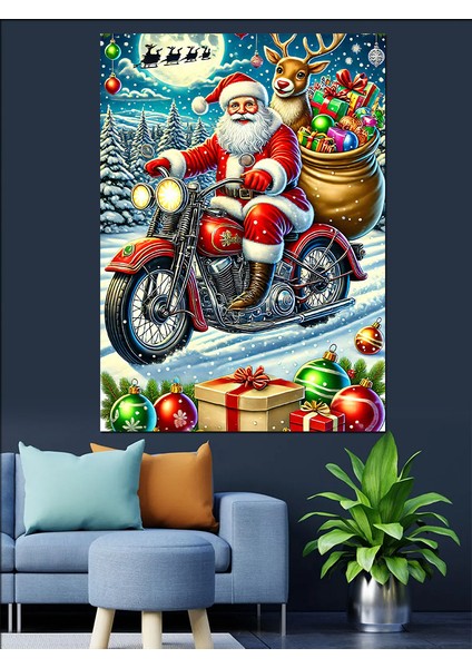 Noel Baba Motosiklette Dekoratif Kanvas - Mdf Ahşap Tablo