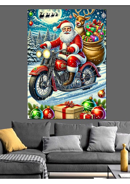 Noel Baba Motosiklette Dekoratif Kanvas - Mdf Ahşap Tablo fırsatları