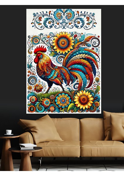 Renkli Horoz Deseni Dekoratif Kanvas - Mdf Ahşap Tablo