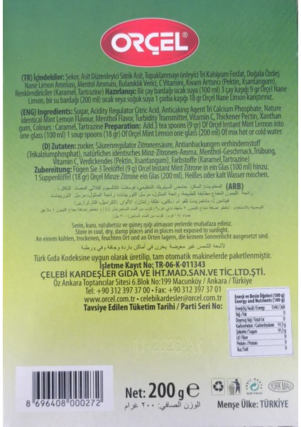 Nane Limon (Mentöllü) Aromalı Içecek Tozu Oralet Çay 15 x 200GR.
