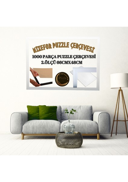 1000 Parça Puzzle Yapboz Çerçevesi Ölçü 66CMX48CM Ön Yüzey Kırılmaz Pleksi Arka Yüzey Ahşap Mdf -RENK BEYAZ