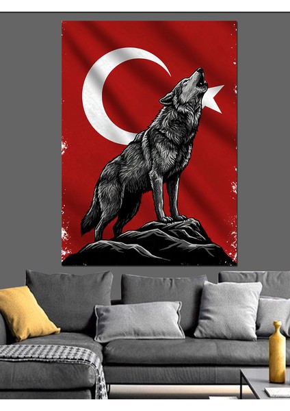 Uluyan Kurt ve Türk Bayrağı Dekoratif Kanvas - Mdf Ahşap Tablo