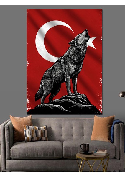 Uluyan Kurt ve Türk Bayrağı Dekoratif Kanvas - Mdf Ahşap Tablo