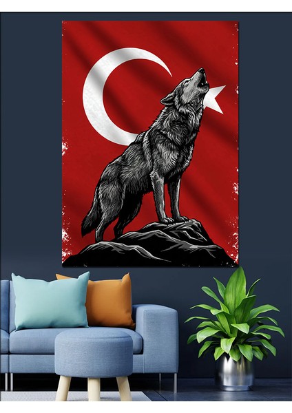 Uluyan Kurt ve Türk Bayrağı Dekoratif Kanvas - Mdf Ahşap Tablo