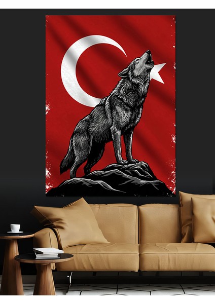 Uluyan Kurt ve Türk Bayrağı Dekoratif Kanvas - Mdf Ahşap Tablo