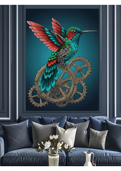 Hummingbird ve Dişli Çarklar Dekoratif Kanvas - Mdf Ahşap Tablo