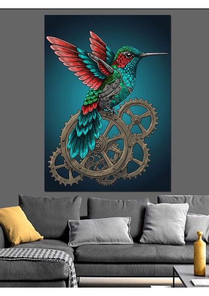 Hummingbird ve Dişli Çarklar Dekoratif Kanvas - Mdf Ahşap Tablo