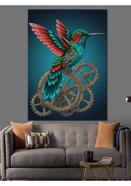 Hummingbird ve Dişli Çarklar Dekoratif Kanvas - Mdf Ahşap Tablo