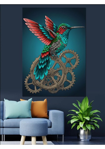 Hummingbird ve Dişli Çarklar Dekoratif Kanvas - Mdf Ahşap Tablo