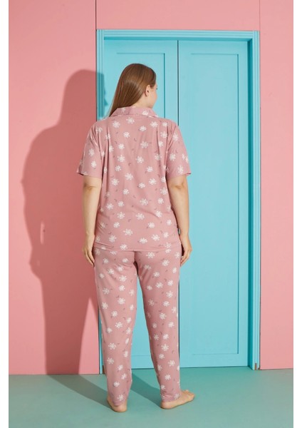 Büyük Beden Milan Kumaş Önü Düğmeli Pudra Pijama TAKIMI-7560 modelleri