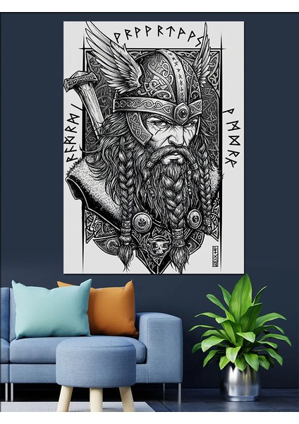 Viking Savaşçı Çizimi Dekoratif Kanvas - Mdf Ahşap Tablo