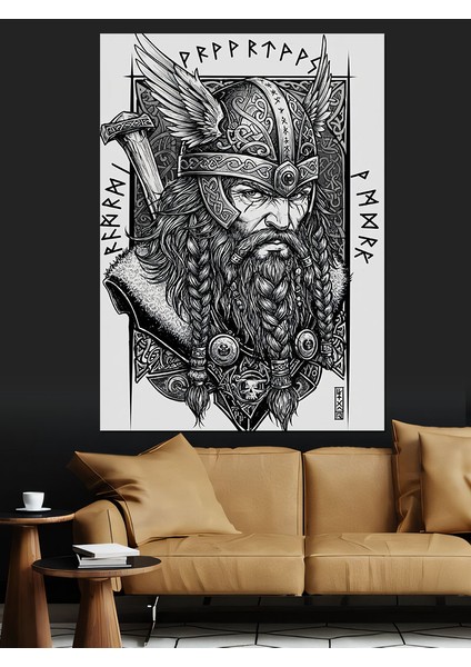 Viking Savaşçı Çizimi Dekoratif Kanvas - Mdf Ahşap Tablo