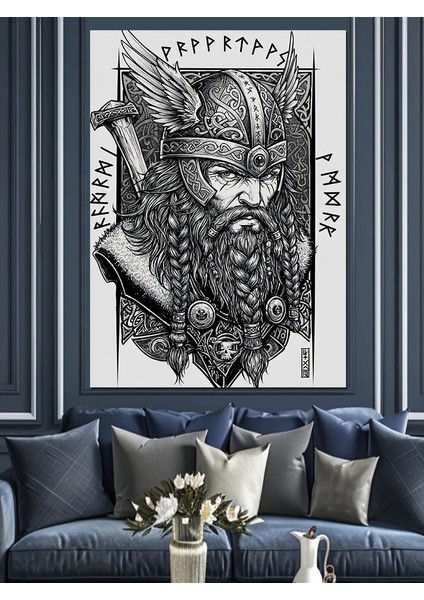 Viking Savaşçı Çizimi Dekoratif Kanvas - Mdf Ahşap Tablo