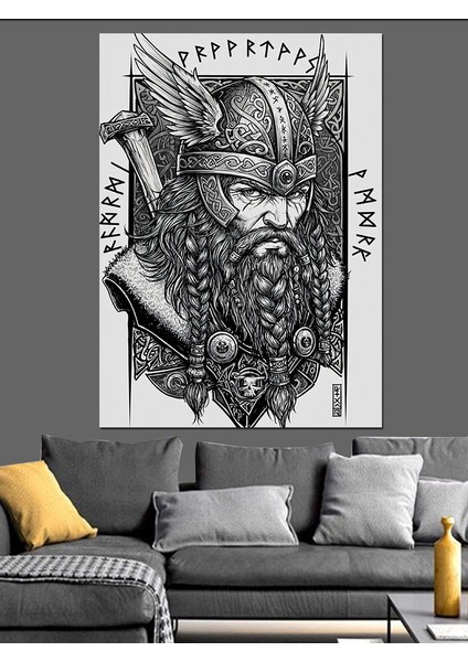 Viking Savaşçı Çizimi Dekoratif Kanvas - Mdf Ahşap Tablo