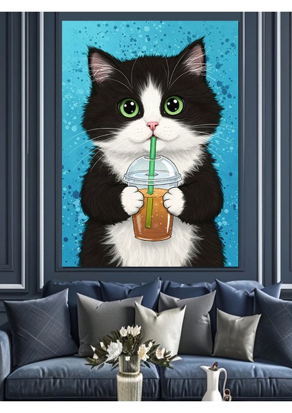 Limonata Içen Şirin Kedi Dekoratif Kanvas - Mdf Ahşap Tablo