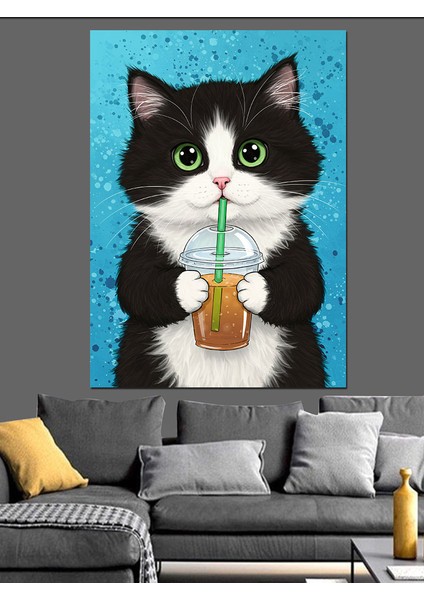 Limonata Içen Şirin Kedi Dekoratif Kanvas - Mdf Ahşap Tablo