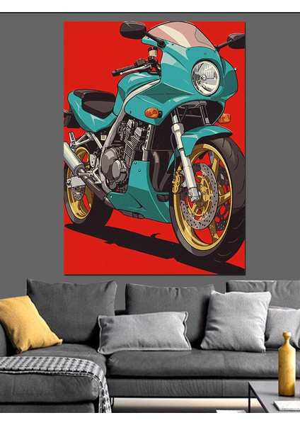 Retro Yeşil Motosiklet Dekoratif Kanvas - Mdf Ahşap Tablo