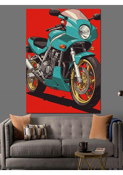 Retro Yeşil Motosiklet Dekoratif Kanvas - Mdf Ahşap Tablo