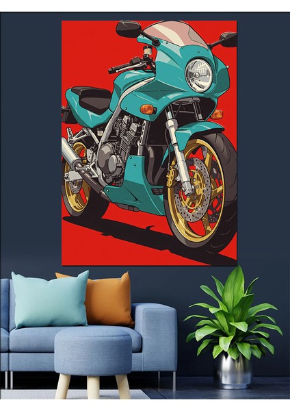 Retro Yeşil Motosiklet Dekoratif Kanvas - Mdf Ahşap Tablo