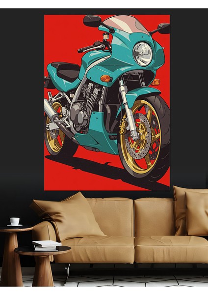 Retro Yeşil Motosiklet Dekoratif Kanvas - Mdf Ahşap Tablo