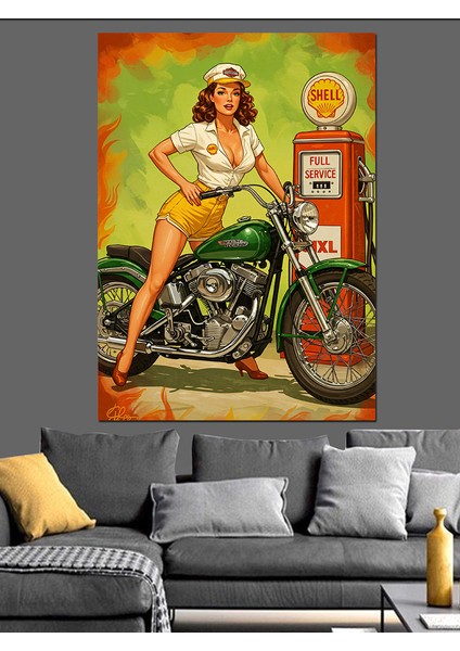 Retro Kadın ve Klasik Motorsiklet Dekoratif Kanvas - Mdf Ahşap Tablo