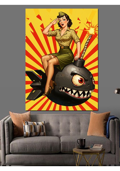 Patlayıcı Balık ve Pin-Up Kadın Dekoratif Kanvas - Mdf Ahşap Tablo