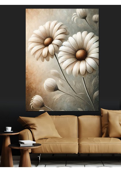 Beyaz Papatyalar ve Minimalist Çizim Dekoratif Kanvas - Mdf Ahşap Tablo