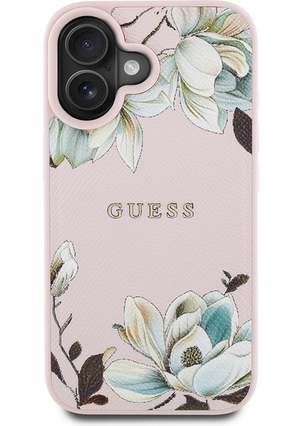 iPhone 16 Kılıf Guess Lisanslı Magsafe Özellikli Taneli Çiçek Tasarımlı Metal Logolu Kapak Pembe